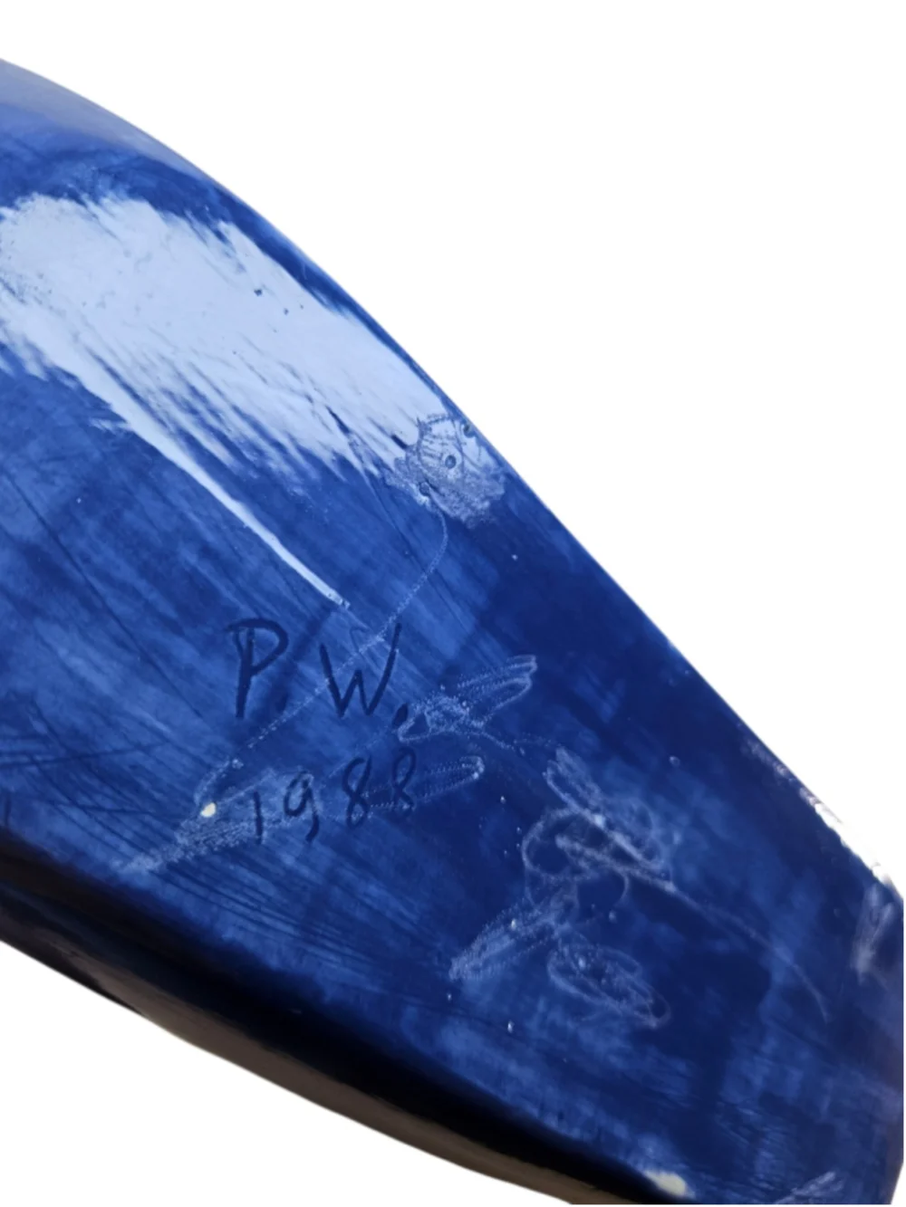 Signed P.W. 1988 Cobalt Blue Art Pottery Relief Vase Maiden & Baby Deer